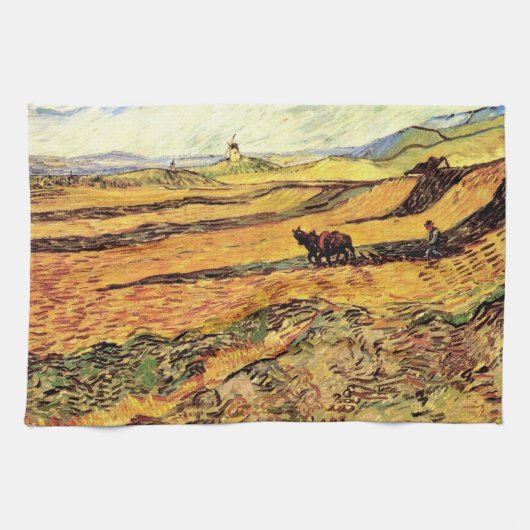 Feld mit Plowman und Mill von Vincent van Gogh Geschirrtuch (Horizontal)