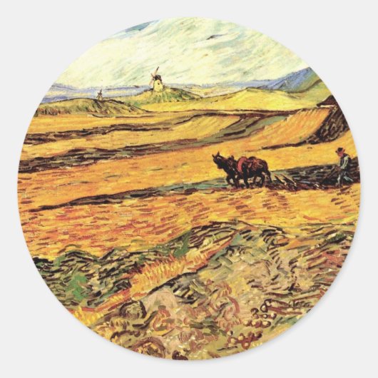 Feld mit Plowman und Mill von Vincent van Gogh Runder Aufkleber (Vorderseite)