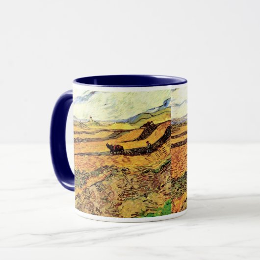 Feld mit Plowman und Mill von Vincent van Gogh Tasse (Vorderseite Links)