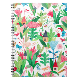 Felder von Blume und Pflanze mit kleinen Häusern,  Notizblock