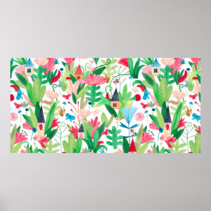 Felder von Blume und Pflanze mit kleinen Häusern,  Poster