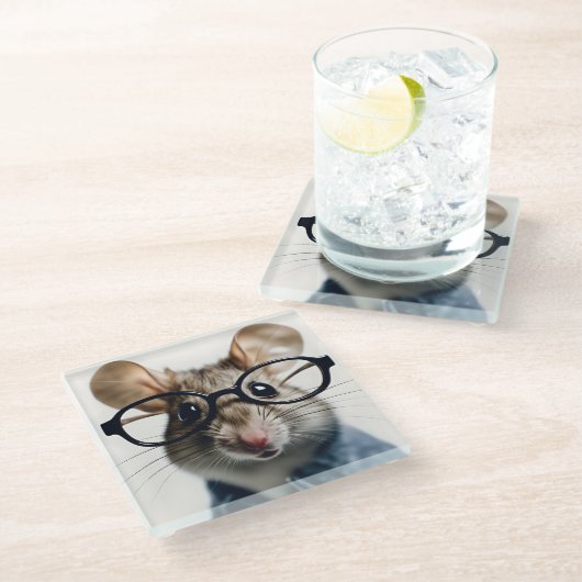 Feldmaus mit Brillen Glasuntersetzer (Schrägansicht)