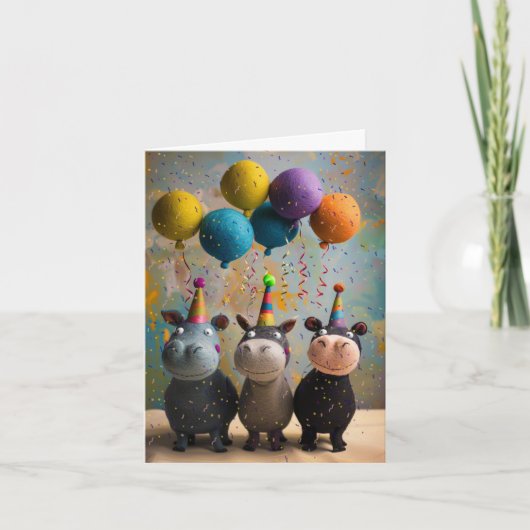 Felgte Hippos Geburtstagskarte mit Balloons Karte (Vorderseite)