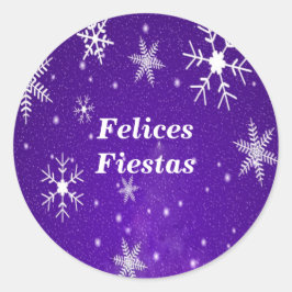 Felices Fiestas Snowflakes Blue Round Stickers
