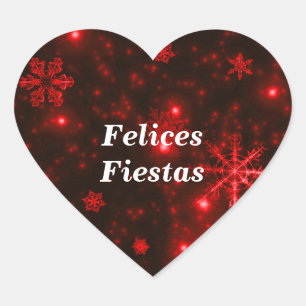 Felices Fiestas Snowflakes Deep Red Heart Stickers