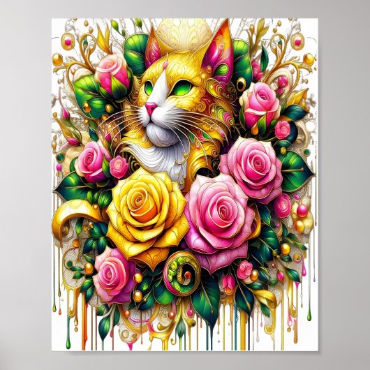 Feline Amidst ein lebhaftes Blumenblut 8x10 Poster (Vorne)