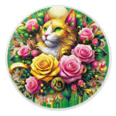 Feline Amidt ein lebendiges Blütenblut Keramikknauf (Vorderseite)