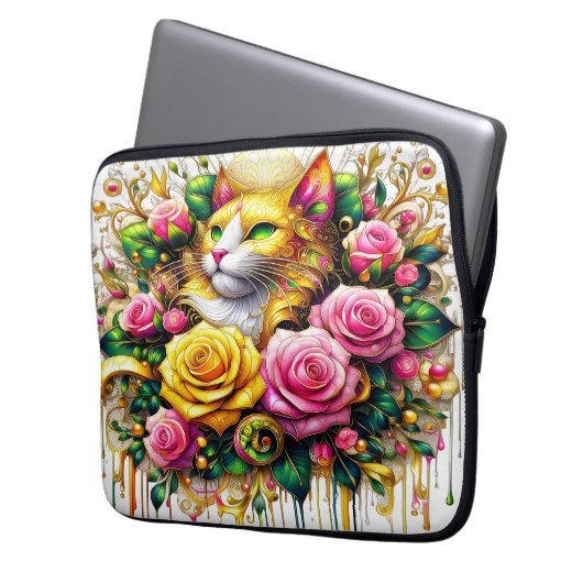 Feline Amidt ein lebendiges Blütenblut Laptopschutzhülle (Vorderseite Links)