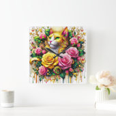 Feline Amidt ein lebendiges Blütenblut Quadratische Wanduhr (Zuhause)