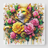Feline Amidt ein lebendiges Blütenblut Quadratische Wanduhr (Vorderseite)