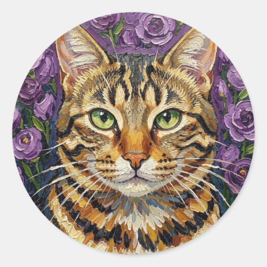 Feline and Floral | Cute Artistic Gray Tabby Cat Runder Aufkleber (Vorderseite)