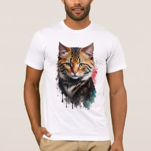 Feline Beige Tiger Striped Cat Watercolor Splash T-Shirt