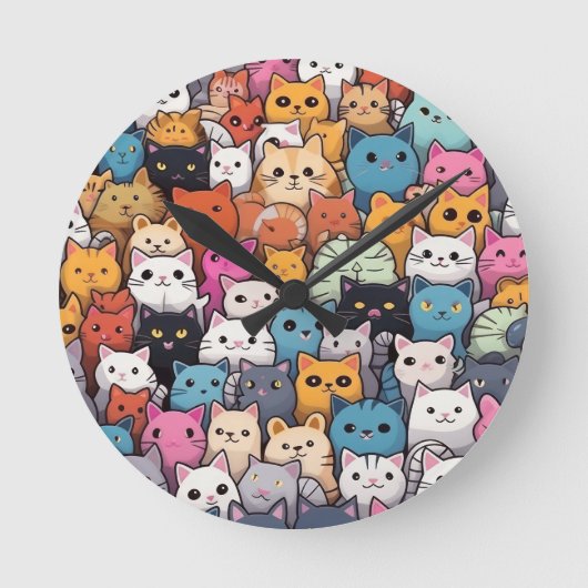 Feline Fantasy: Niedliche Anime Cats Galore Runde Wanduhr (Vorderseite)