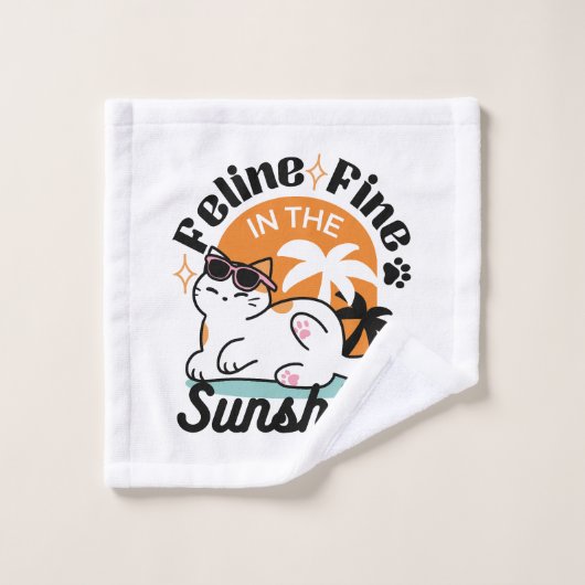 Feline Fine in the Sunshine - Entspannte Tropenkat Badhandtuch Set (Waschlappen)