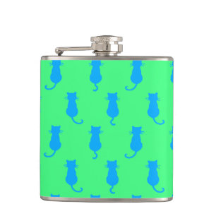 Feline Fun Forever Whimsical Blaue Katzen Limegrün Flachmann