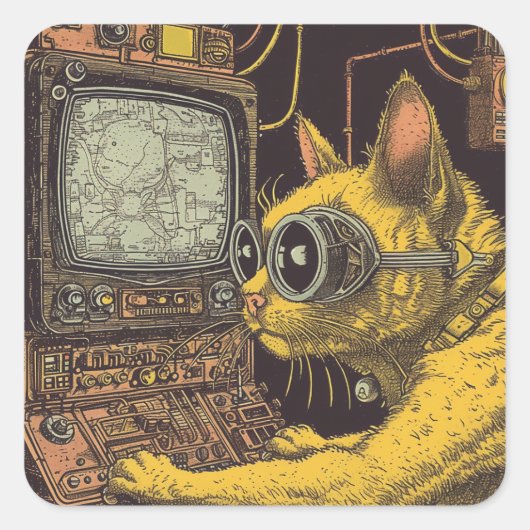 Feline Future: Cyberpunk Cat Fantasy Quadratischer Aufkleber (Vorderseite)