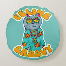 Feline Groovy Hippie Cat Marker Design Rundes Kissen