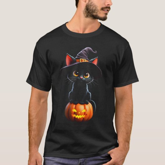 Feline Spooky Witchy Cat on Pumpkin T-Shirt (Vorderseite)