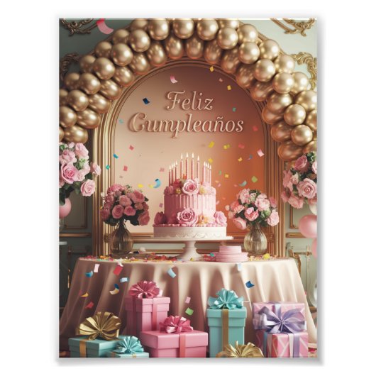 “Feliz Cumpleaños” Elegant Pink & Gold Birthday Fotodruck (Vorne)