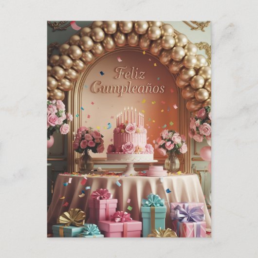„Feliz Cumpleaños“ Elegantes Pink und Gold Geburts Postkarte (Vorderseite)