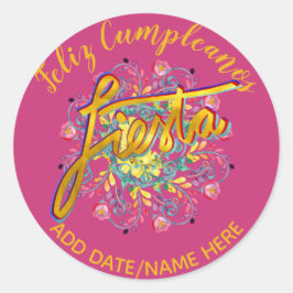 Feliz Cumpleanos FIESTA Folk Blume Personalisiert Runder Aufkleber