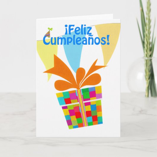 ¡Feliz Cumpleaños with gift package, bunting Karte (Vorderseite)