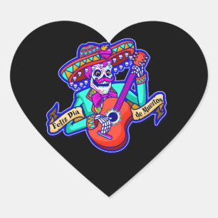 Feliz Dia De Muertos mit Skeleton Gitarre spielen Herz-Aufkleber