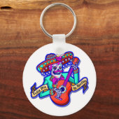 Feliz Dia De Muertos mit Skeleton Gitarre spielen Schlüsselanhänger (Vorderseite)