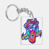 Feliz Dia De Muertos mit Skeleton Gitarre spielen Schlüsselanhänger (Vorderseite links)
