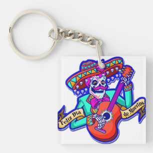 Feliz Dia De Muertos mit Skeleton Gitarre spielen Schlüsselanhänger