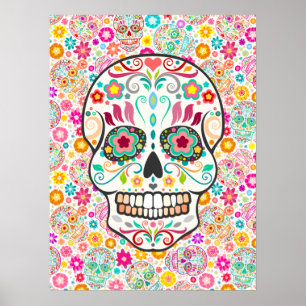 Feliz Muertos - festliche Zuckerschädel auf Weiß Poster