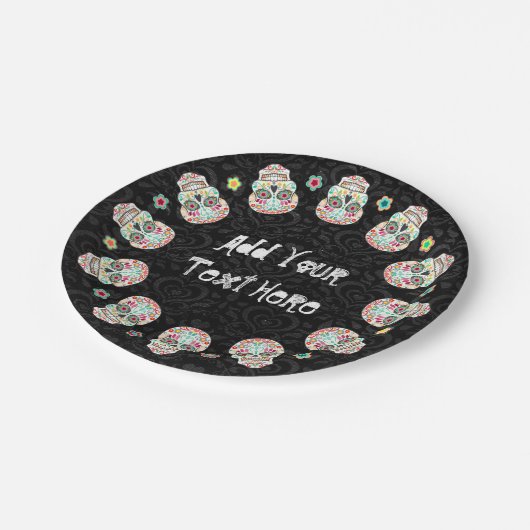 Feliz Muertos - festliche Zuckerschädel Pappteller (Schrägansicht)