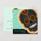 Feliz Muertos gekippter orange Zuckerschädel auf Einladung (Vorne/Hinten)