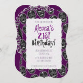 Feliz Muertos schwarze Zuckerschädel auf Lila Einladung (Vorne/Hinten)