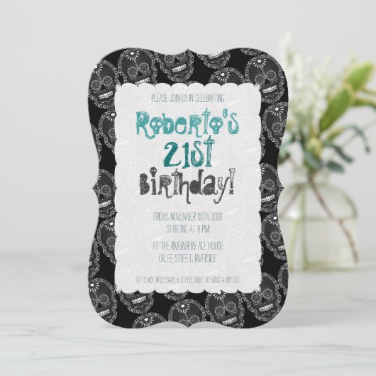 Feliz Muertos schwarzer u. grauer Zuckerschädel Einladung (Stehend Vorderseite)