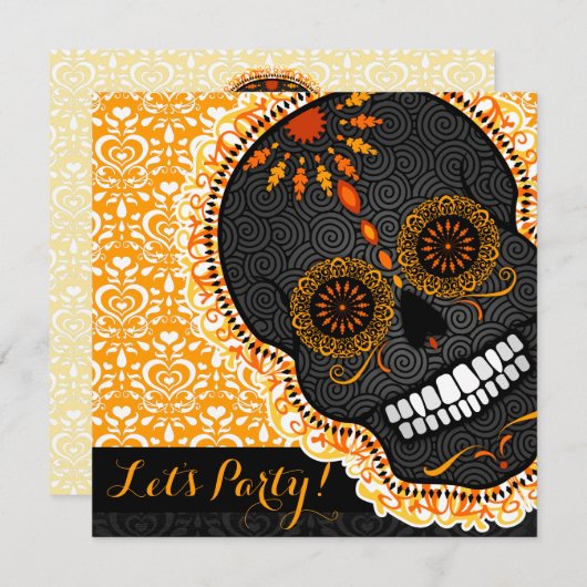 Feliz Muertos Tilted Orange and Black Sugar Skull Einladung (Vorne/Hinten)