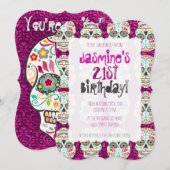 Feliz Muertos Zuckerschädel auf Lila Damaskus Einladung (Vorne/Hinten)