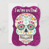 Feliz Muertos Zuckerschädel auf Lila Damaskus Einladung (Rückseite)