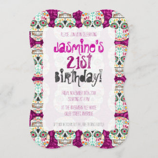 Feliz Muertos Zuckerschädel auf Lila Damaskus Einladung