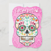 Feliz Muertos Zuckerschädel auf rosa Damaskus Einladung (Rückseite)
