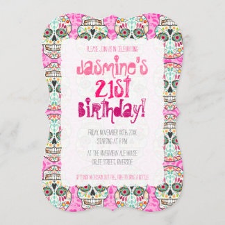 Feliz Muertos Zuckerschädel auf rosa Damaskus Einladung