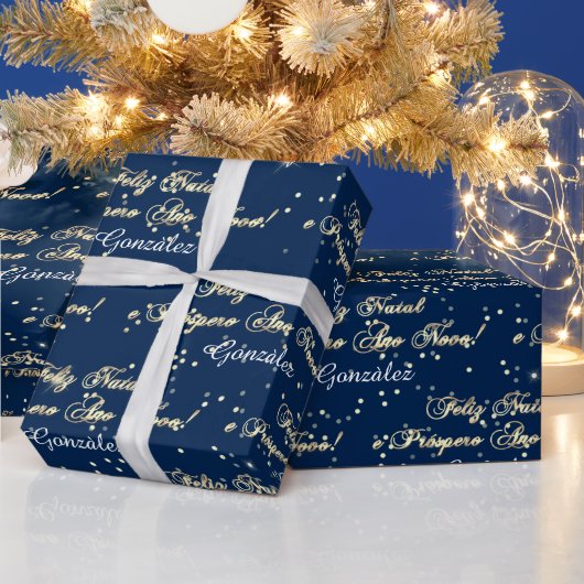 Feliz Natal e Prospero Ano Novo Name Blue Navy Geschenkpapier (Feiertage)