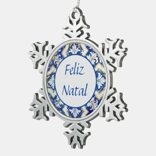 Feliz Natal Snowflake Pewter Christma Schneeflocken Zinn-Ornament (Rechts)