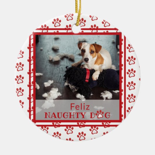 Feliz Naughty Dog Red Paw Print Foto Keramik Ornament (Vorne)