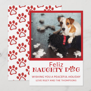Feliz Naughty Dog Red Paw Prints Foto Holiday Feiertagskarte
