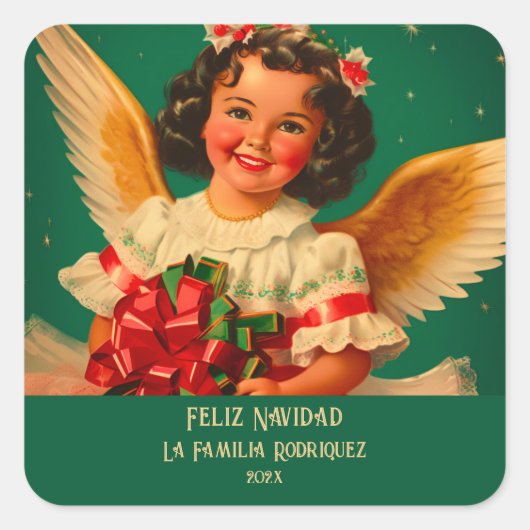"Feliz Navidad" Angel Weihnachtssticker Quadratischer Aufkleber (Vorderseite)