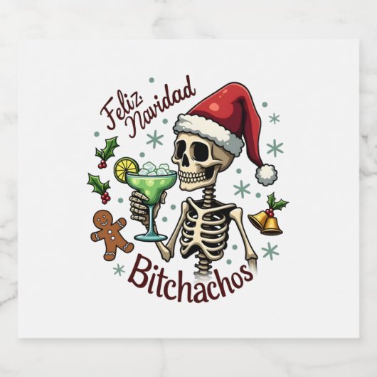 Feliz Navidad Bitchachos Funny Skull Spanish Merry Schaumweinetikett (Einzelnes Label)