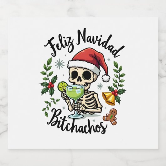 Feliz Navidad Bitchachos Funny Skull Spanish Merry Schaumweinetikett (Einzelnes Label)