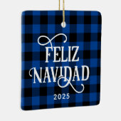 Feliz Navidad Blue Buffalo Plaid Family Photo Keramikornament (Rechts)
