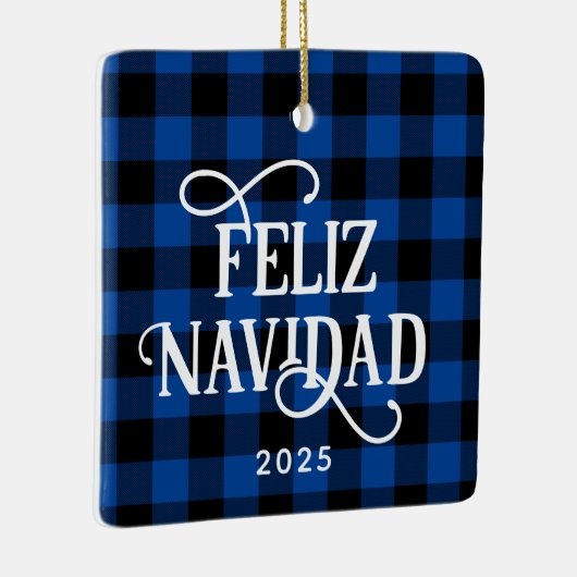 Feliz Navidad Blue Buffalo Plaid Family Photo Keramikornament (Rechts)